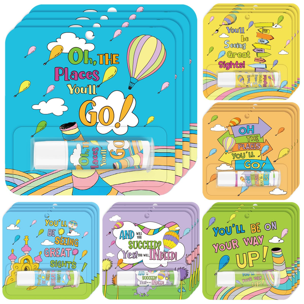 Marhpveua front packaging showing 24 colorful lip balms and adventure designs