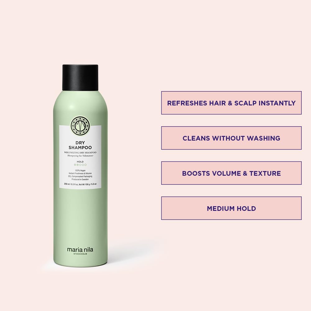 Maria Nila dry shampoo spray action showing mist application for fast oil absorption