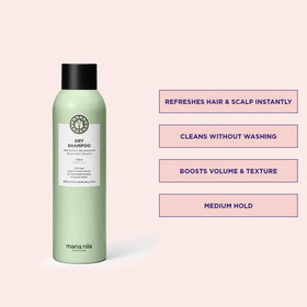 Maria Nila dry shampoo spray action showing mist application for fast oil absorption