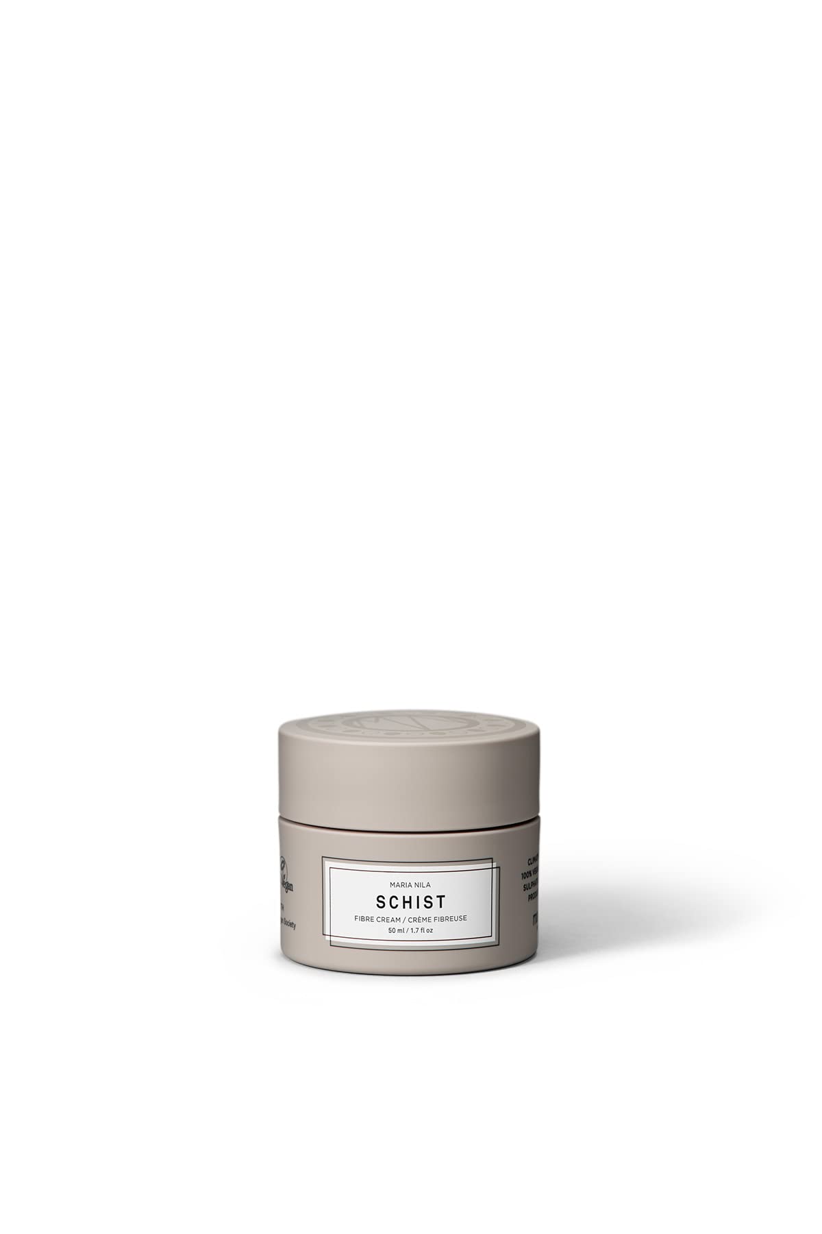 Maria Nila Schist front packaging showing compact 50 ml jar and label benefit