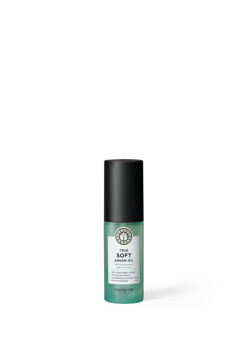 Maria Nila bottle front view showing product label and compact size benefit