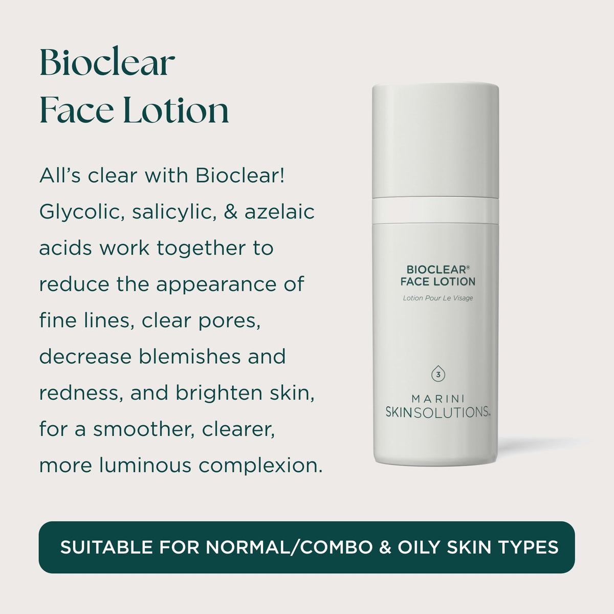 Marini SkinSolutions Bioclear lotion texture close-up demonstrating lightweight consistency and smooth application
