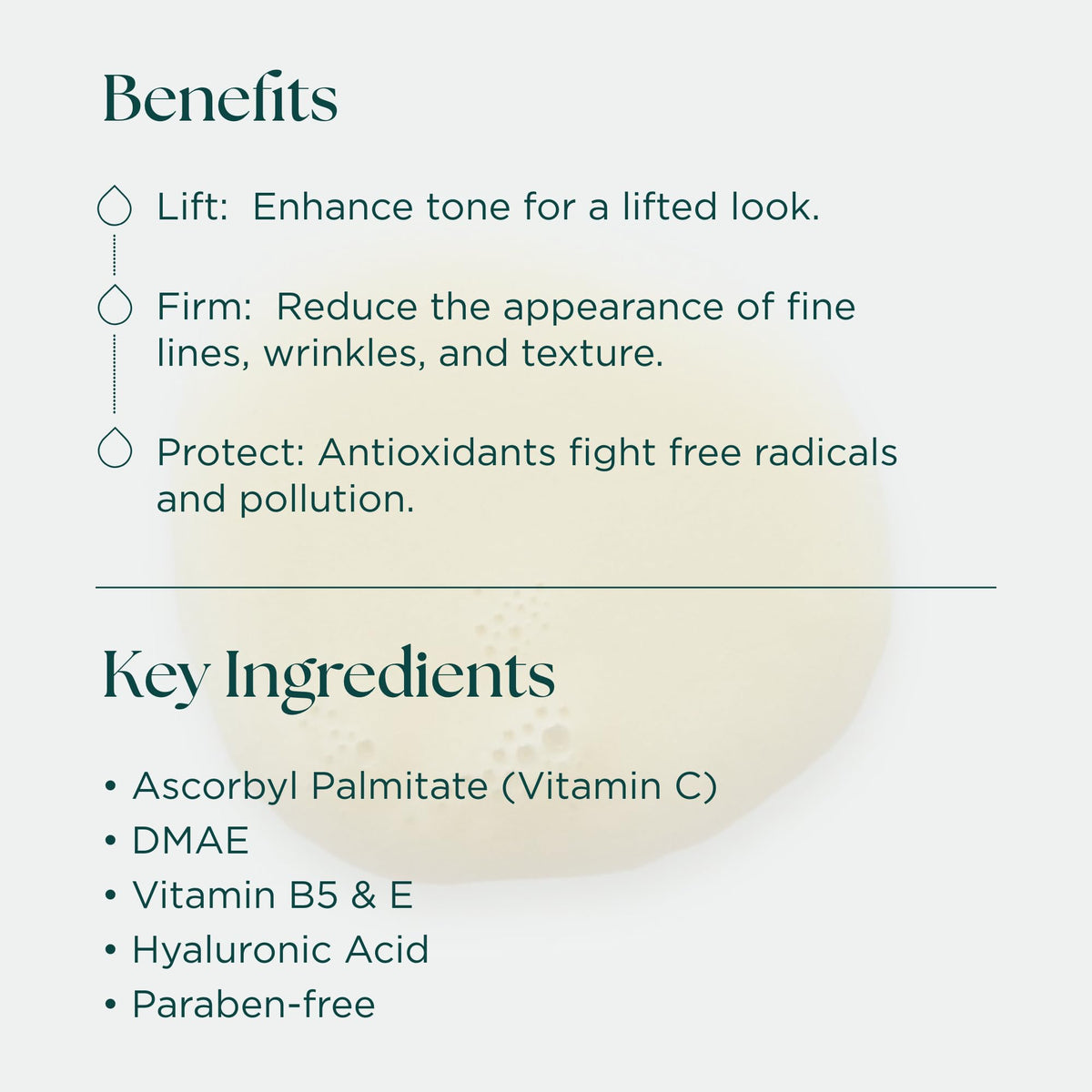 Marini SkinSolutions ingredient display with vitamin C DMAE and hyaluronic acid benefits