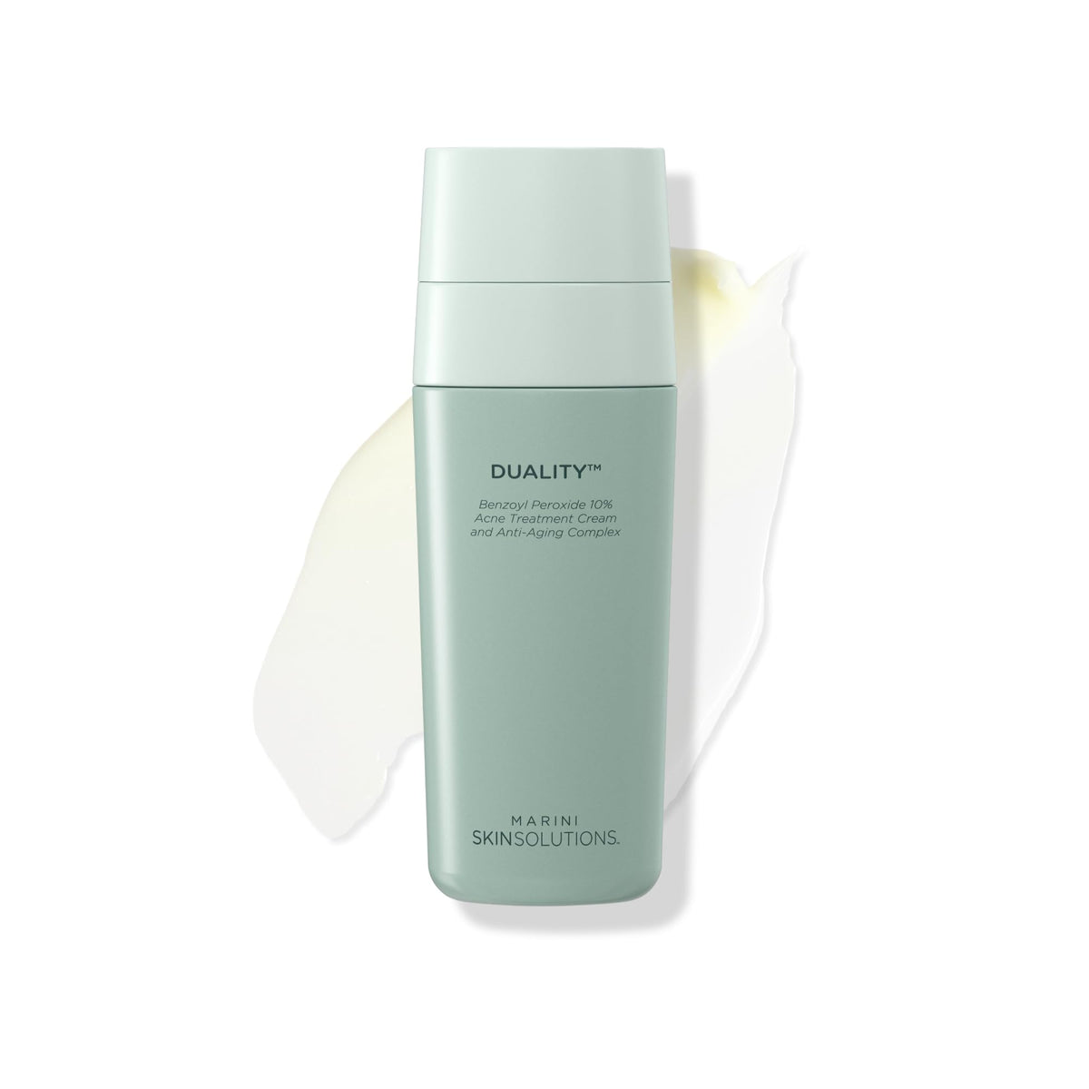 Marini SkinSolutions front packaging showing dual-chamber pump for combined acne and anti-aging benefits