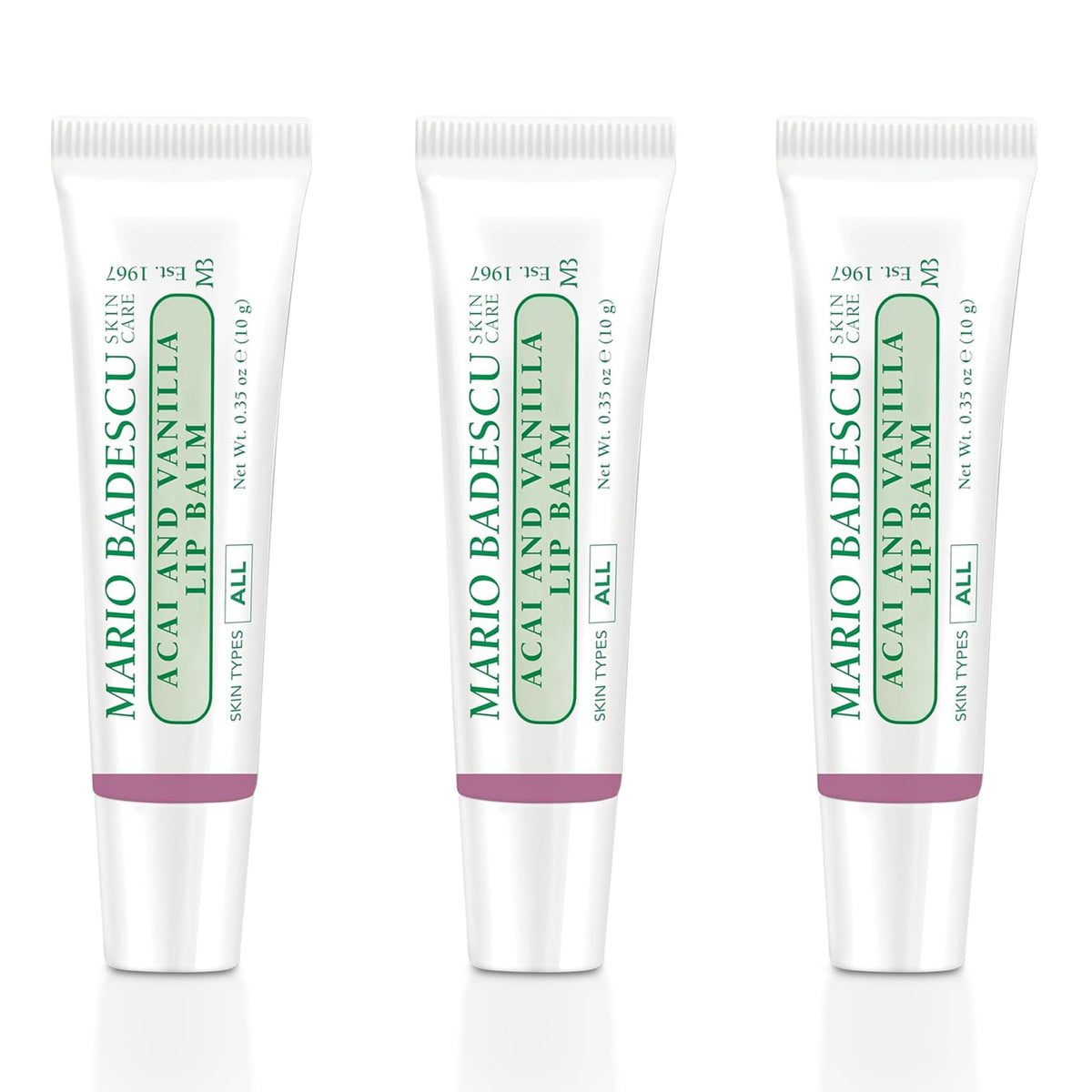 Mario Badescu front packaging of Acai and Vanilla lip balm showing brand and benefit