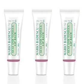 Mario Badescu front packaging of Acai and Vanilla lip balm showing brand and benefit