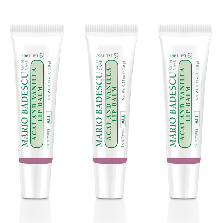 Mario Badescu front packaging of Acai and Vanilla lip balm showing brand and benefit