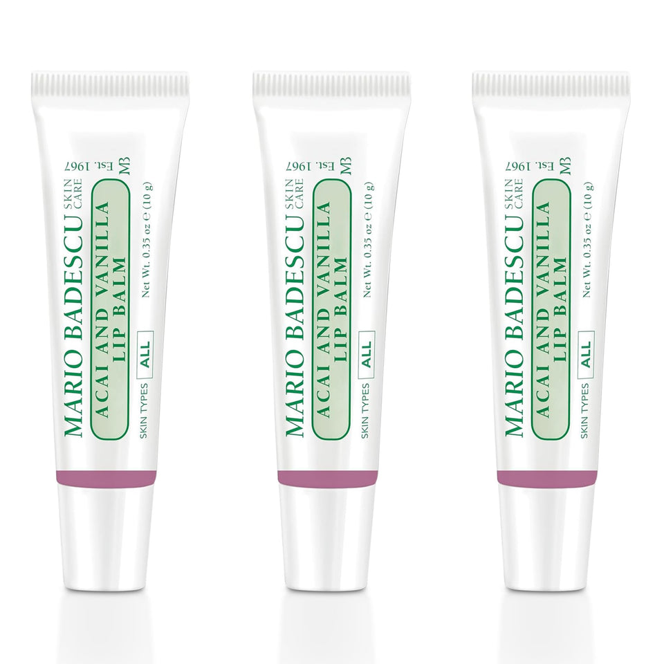 Mario Badescu front packaging of Acai and Vanilla lip balm showing brand and benefit