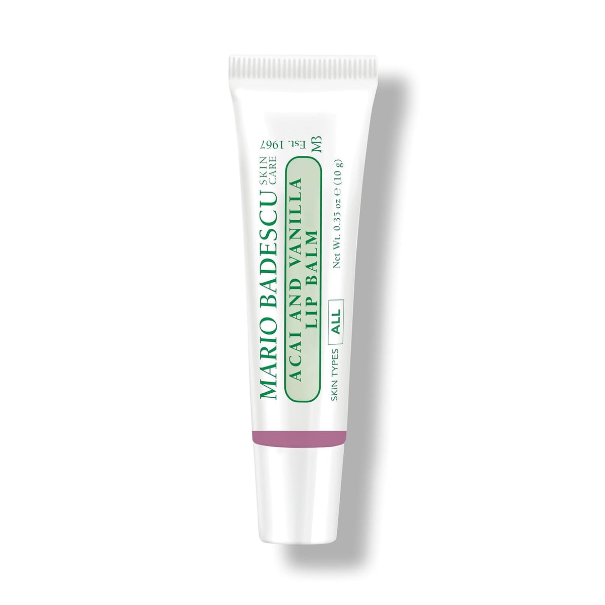 Mario Badescu tube closeup of lip balm tip illustrating easy squeeze application