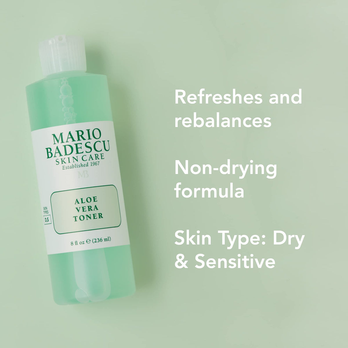 Mario Badescu label close-up highlighting alcohol-free, soothing formula benefit