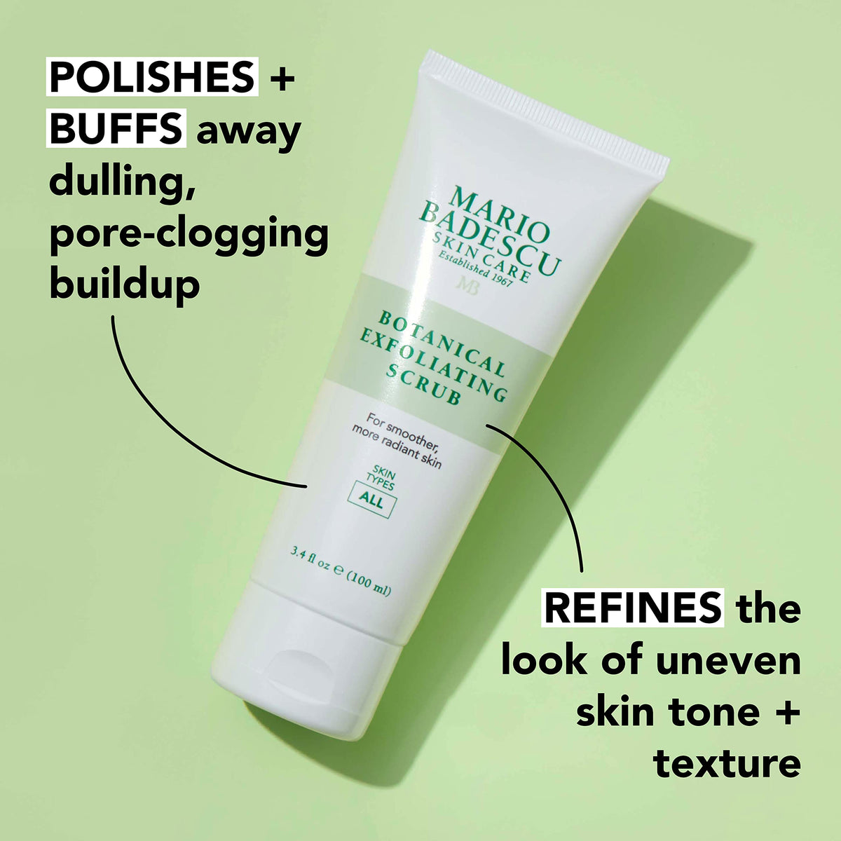 Mario Badescu applied to damp hand demonstrating easy spread and soft exfoliation