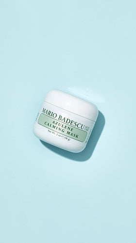 Mario Badescu jar on a bathroom shelf styled for a calming skincare routine