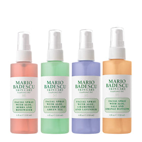 Mario Badescu collection front packaging showing four face mists and benefits