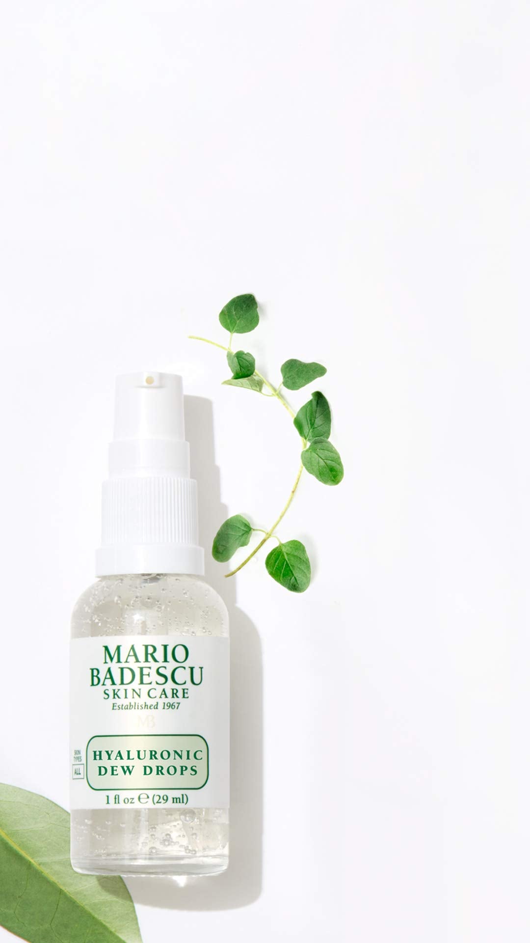Mario Badescu ingredient display with sodium hyaluronate and botanical extracts for clarity