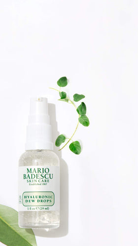 Mario Badescu ingredient display with sodium hyaluronate and botanical extracts for clarity