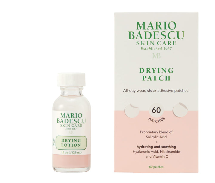 Mario Badescu front packaging showing both lotion and patch benefits