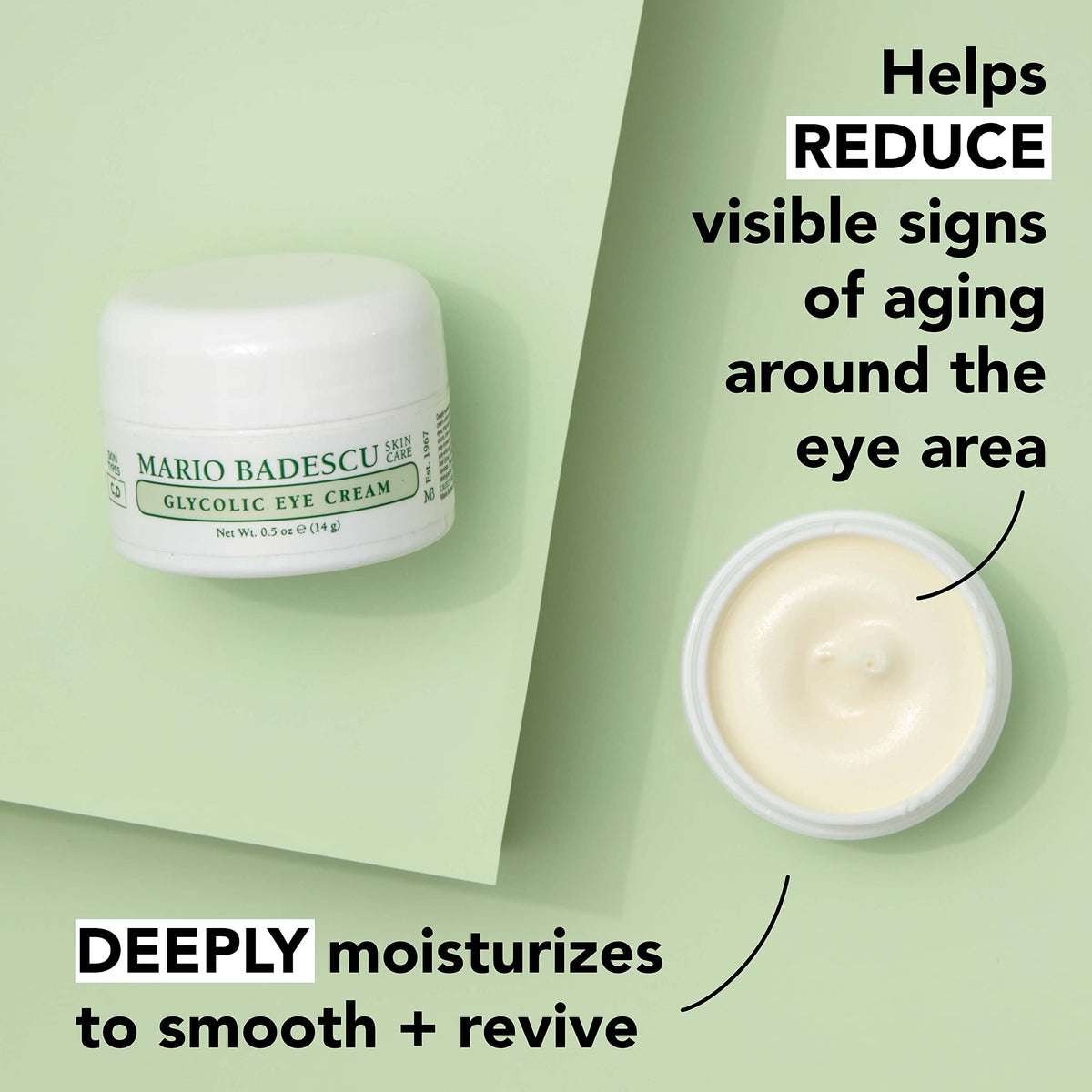 Mario Badescu open jar top view revealing smooth formula and easy scoop benefit