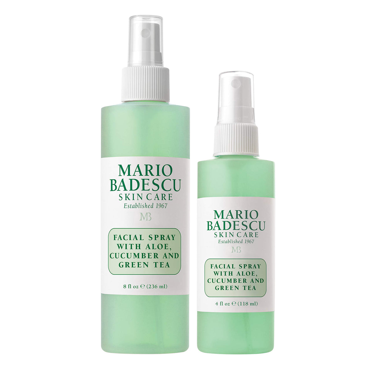Mario Badescu front packaging showing 8oz and 4oz bottles and travel convenience