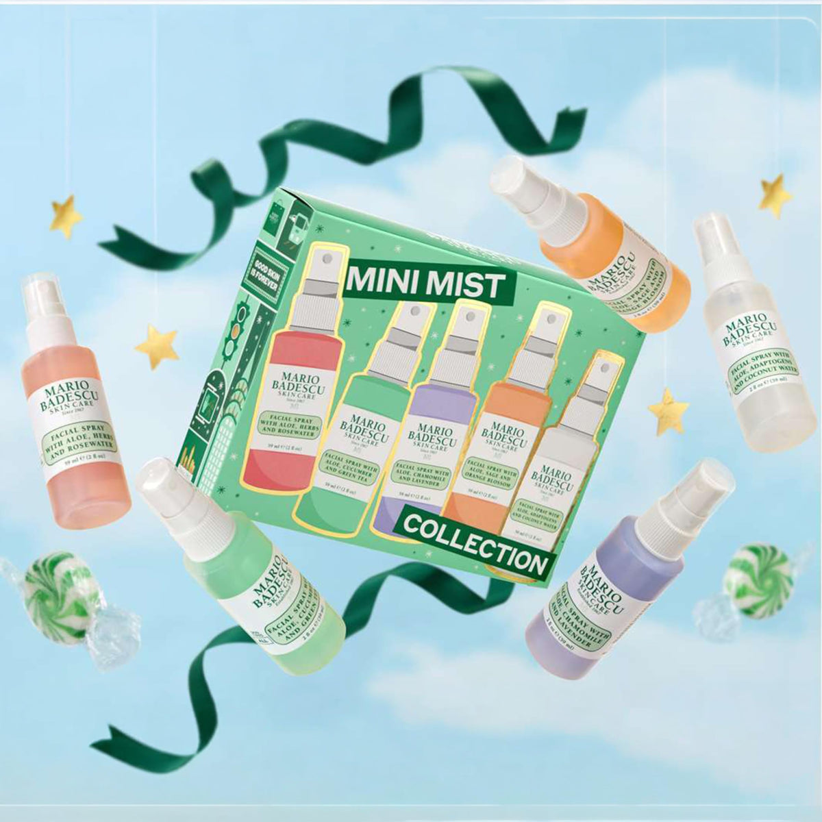 Mario Badescu five mini sprays lined up, variety for daily use