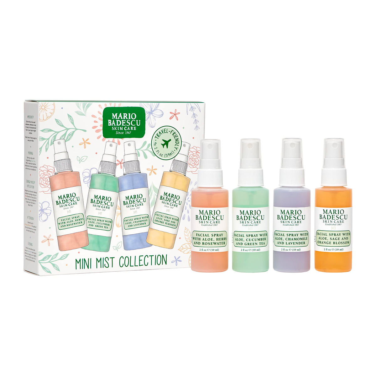 Mario Badescu four bottles arranged to display each mist variant and choice
