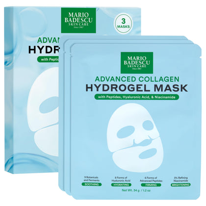Mario Badescu front packaging showing three collagen hydrogel masks and benefits