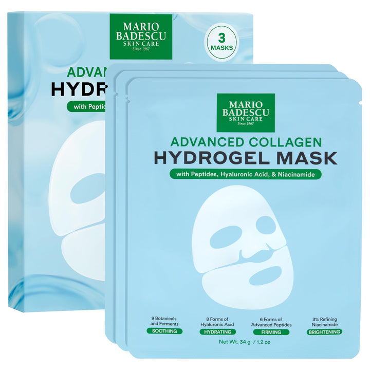 Mario Badescu front packaging showing three collagen hydrogel masks and benefits