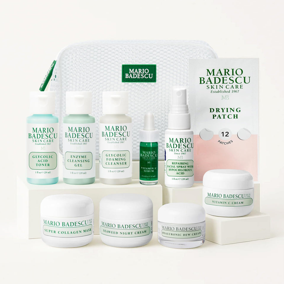 Mario Badescu front packaging showing the 10-piece travel kit and contents