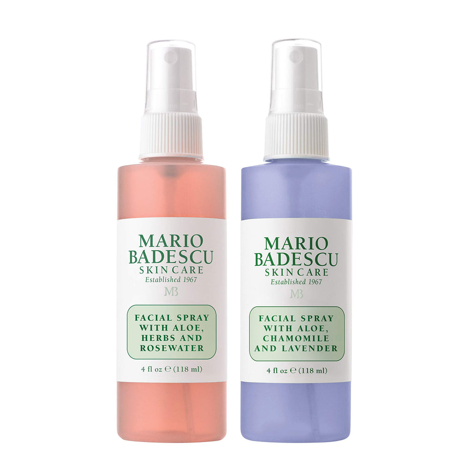 Mario Badescu front packaging showing both rosewater and lavender sprays, travel-ready hydration