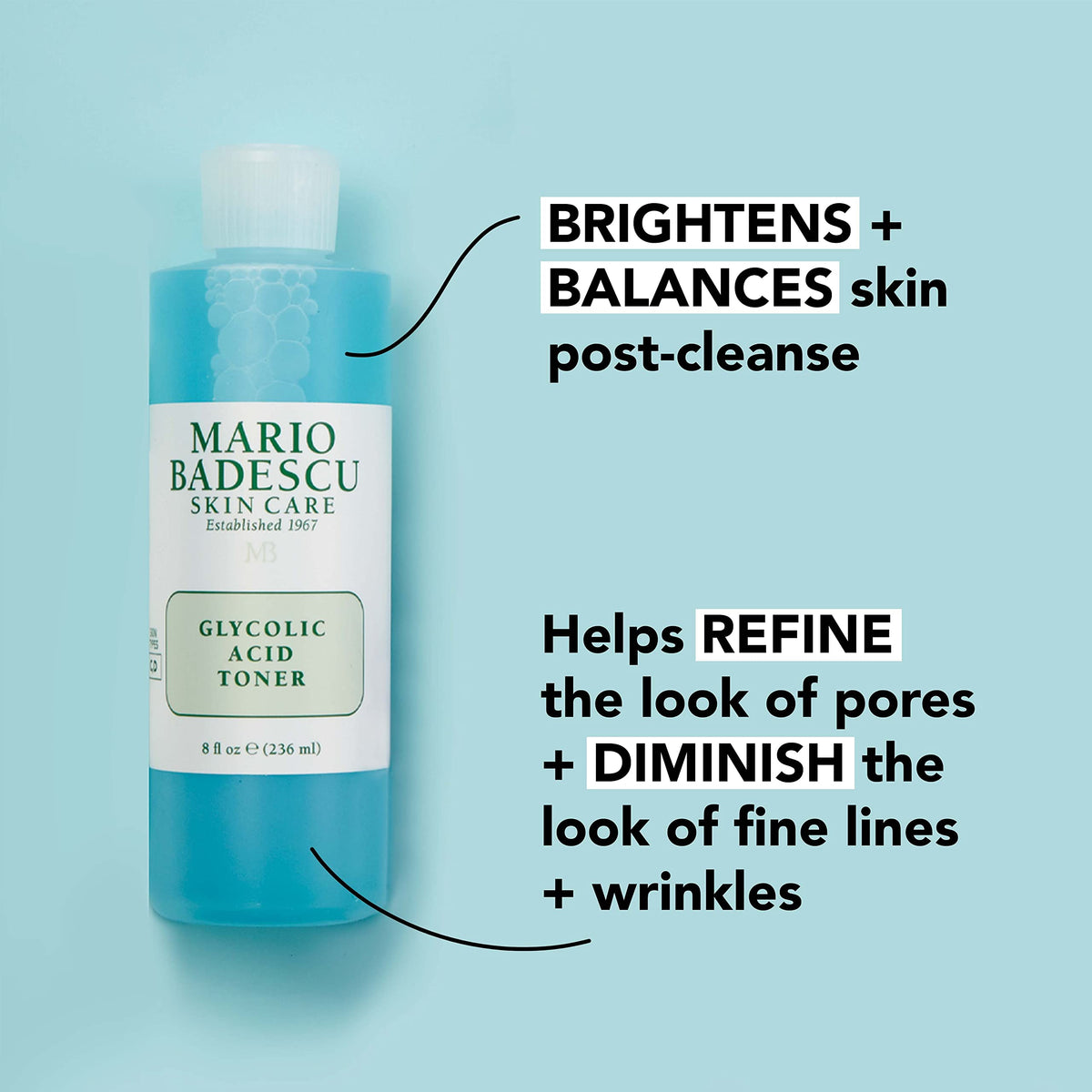 Mario Badescu bottle back showing ingredient list and directions, benefits easy application guidance