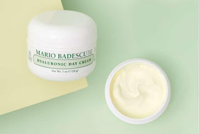Mario Badescu jar on a bathroom shelf showing morning routine benefit