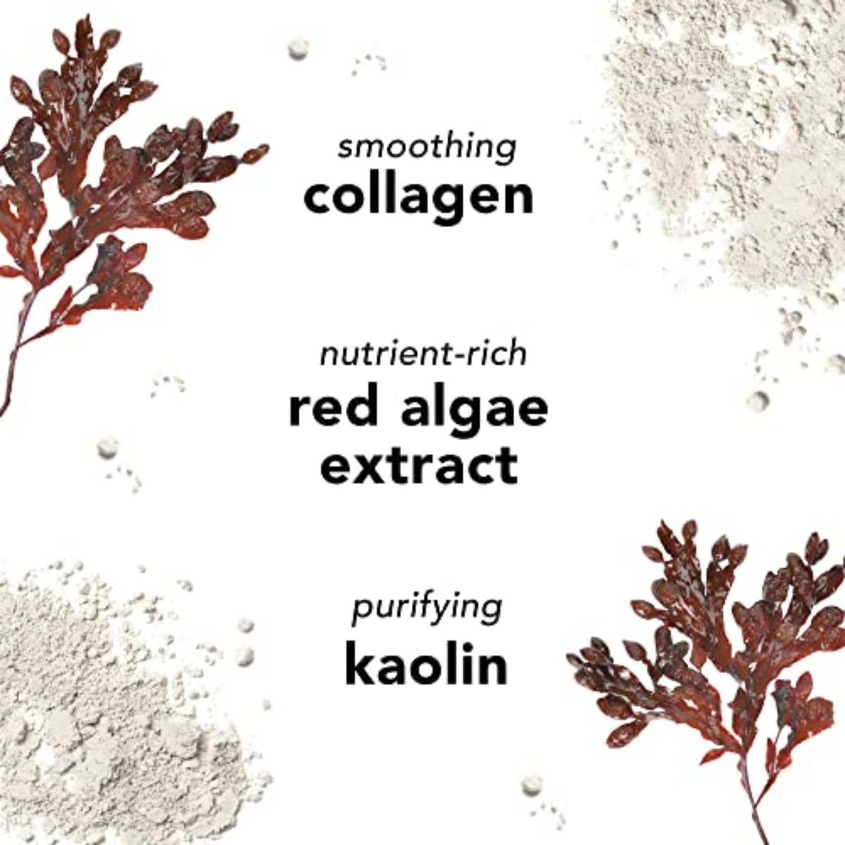 Mario Badescu ingredient flatlay shows collagen, kaolin, oatmeal and nourishing benefit