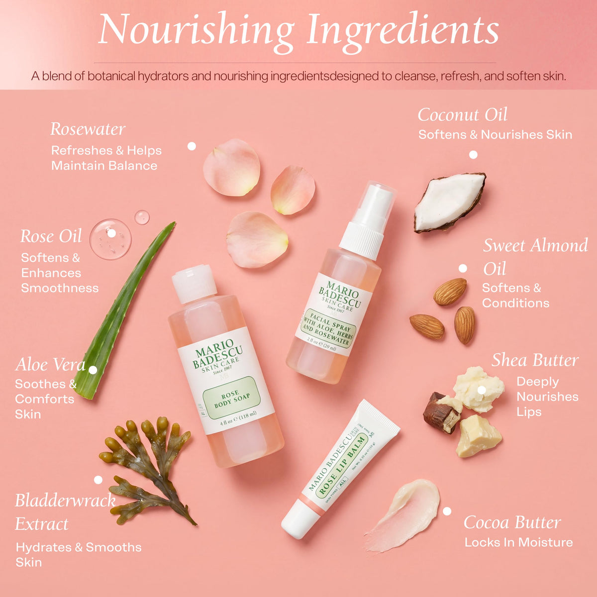 Mario Badescu ingredients label close-up, highlights botanical extracts for balance