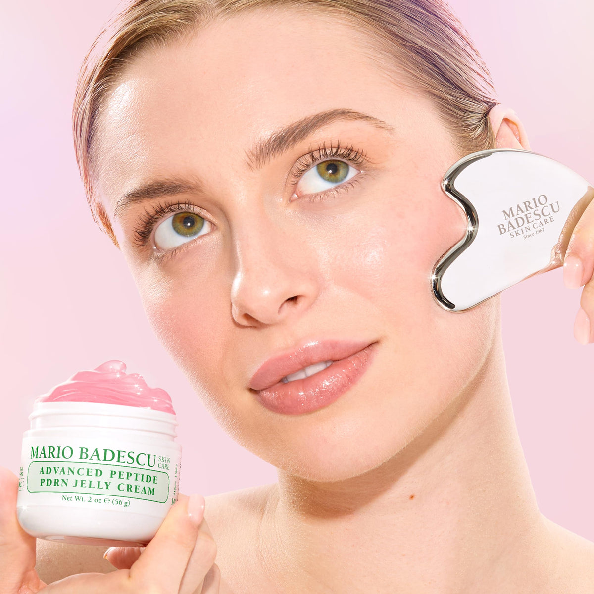 Mario Badescu open jar top view revealing pink jelly texture and cooling feel