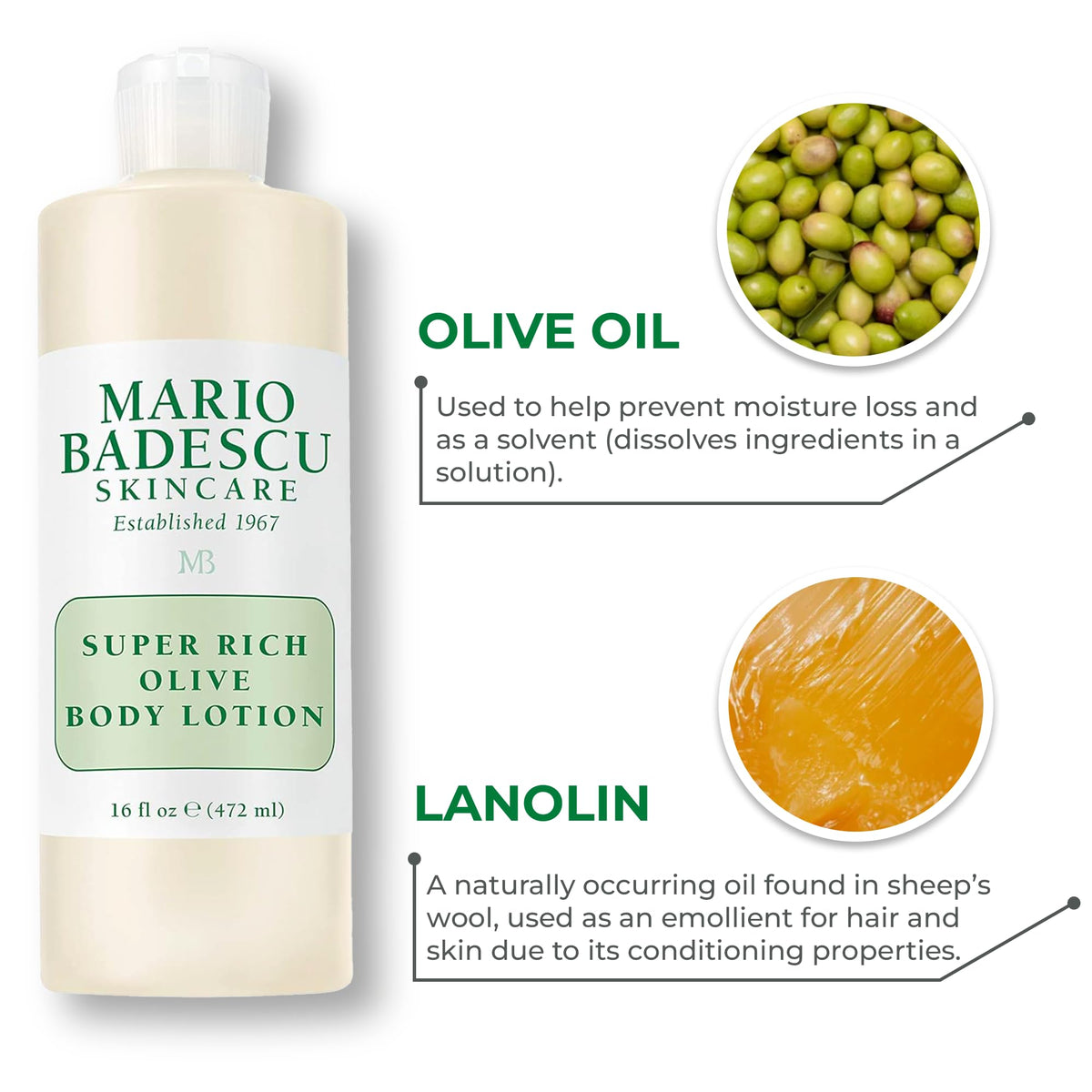 Mario Badescu label and ingredients detail shot, emphasizing olive oil nourishment benefit