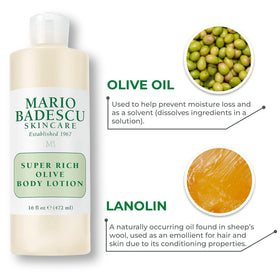 Mario Badescu label and ingredients detail shot, emphasizing olive oil nourishment benefit
