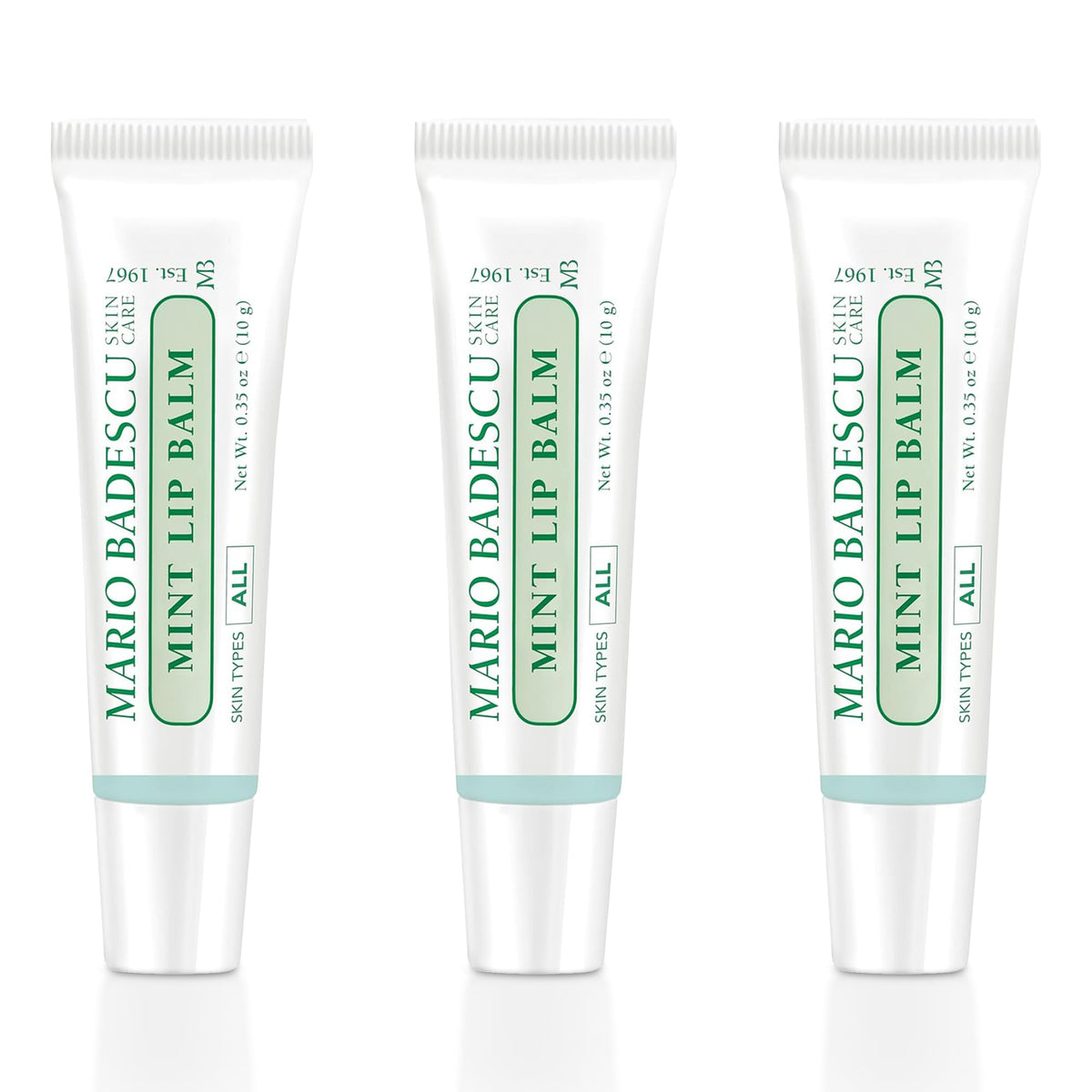 Mario Badescu front packaging showing three mint lip balm tubes and travel convenience
