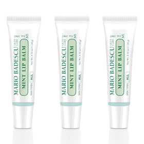 Mario Badescu front packaging showing three mint lip balm tubes and travel convenience