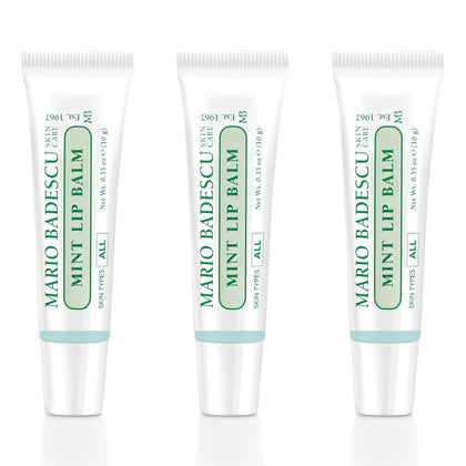 Mario Badescu front packaging showing three mint lip balm tubes and travel convenience