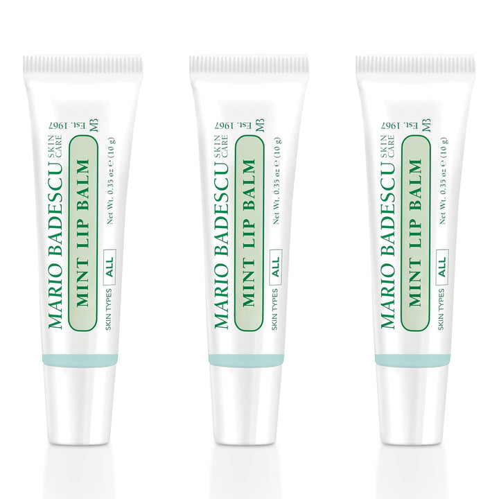 Mario Badescu front packaging showing three mint lip balm tubes and travel convenience