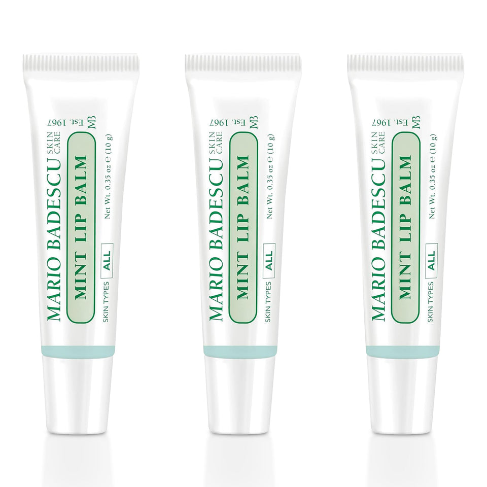Mario Badescu front packaging showing three mint lip balm tubes and travel convenience