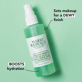 Mario Badescu mist spraying from bottle demonstrating fine even application