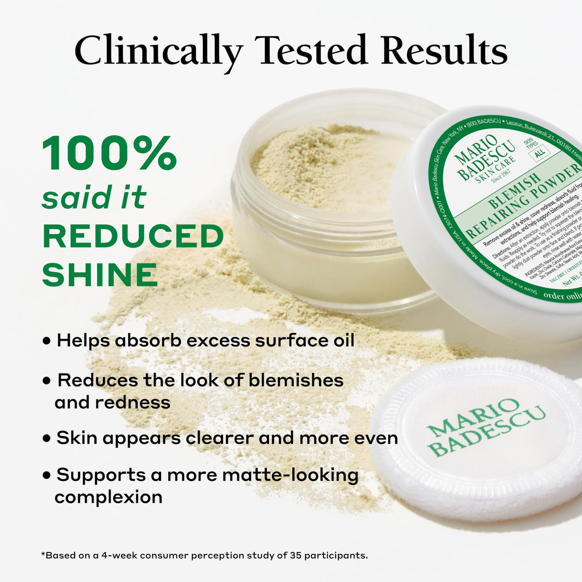 Mario Badescu powder applied to cheek spot demonstrating targeted concealment