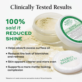 Mario Badescu powder applied to cheek spot demonstrating targeted concealment