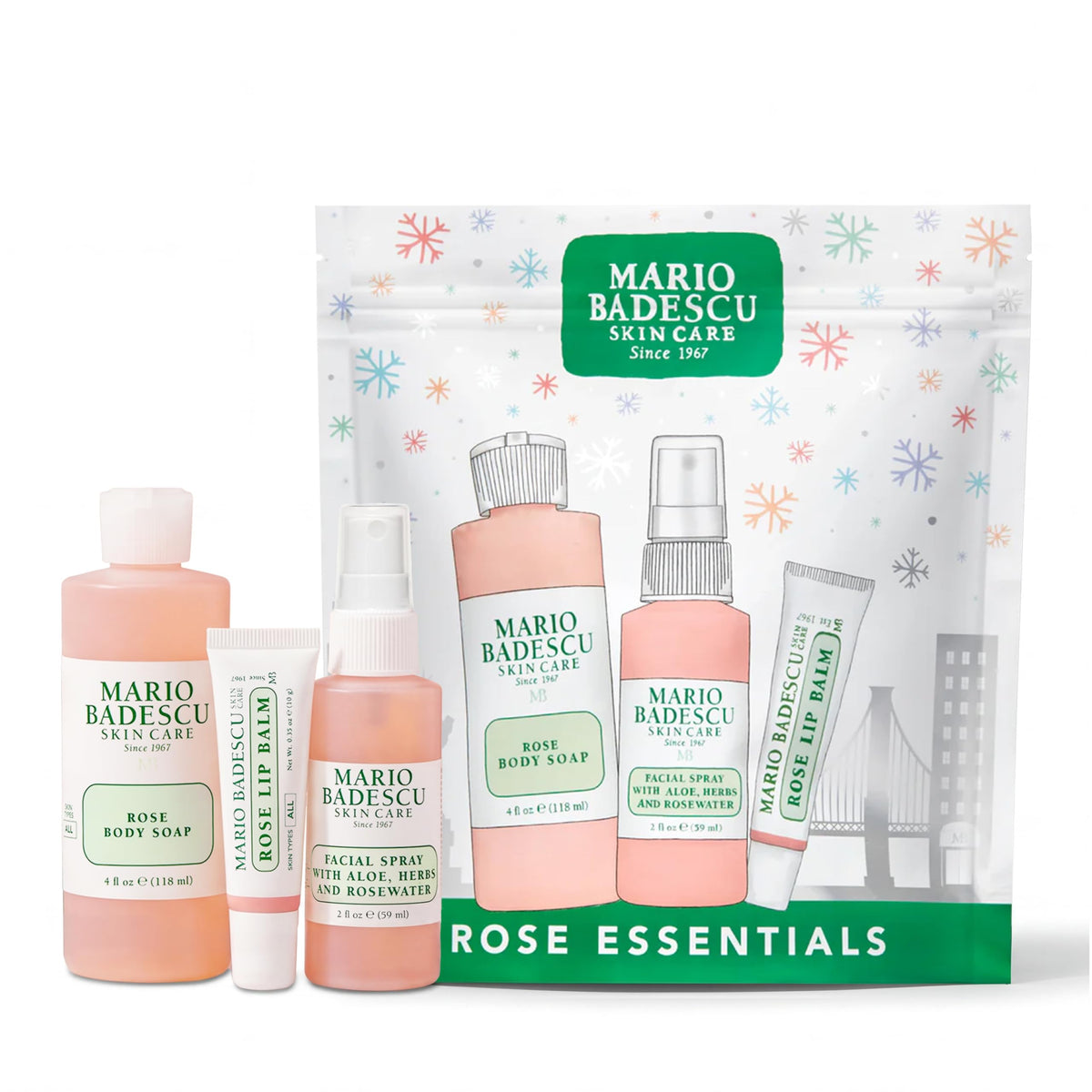 Mario Badescu set front packaging showing three rose-infused products, convenient gift