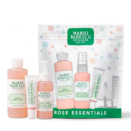 Mario Badescu set front packaging showing three rose-infused products, convenient gift