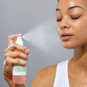 Mario Badescu rosewater bottle close-up highlighting label and botanicals