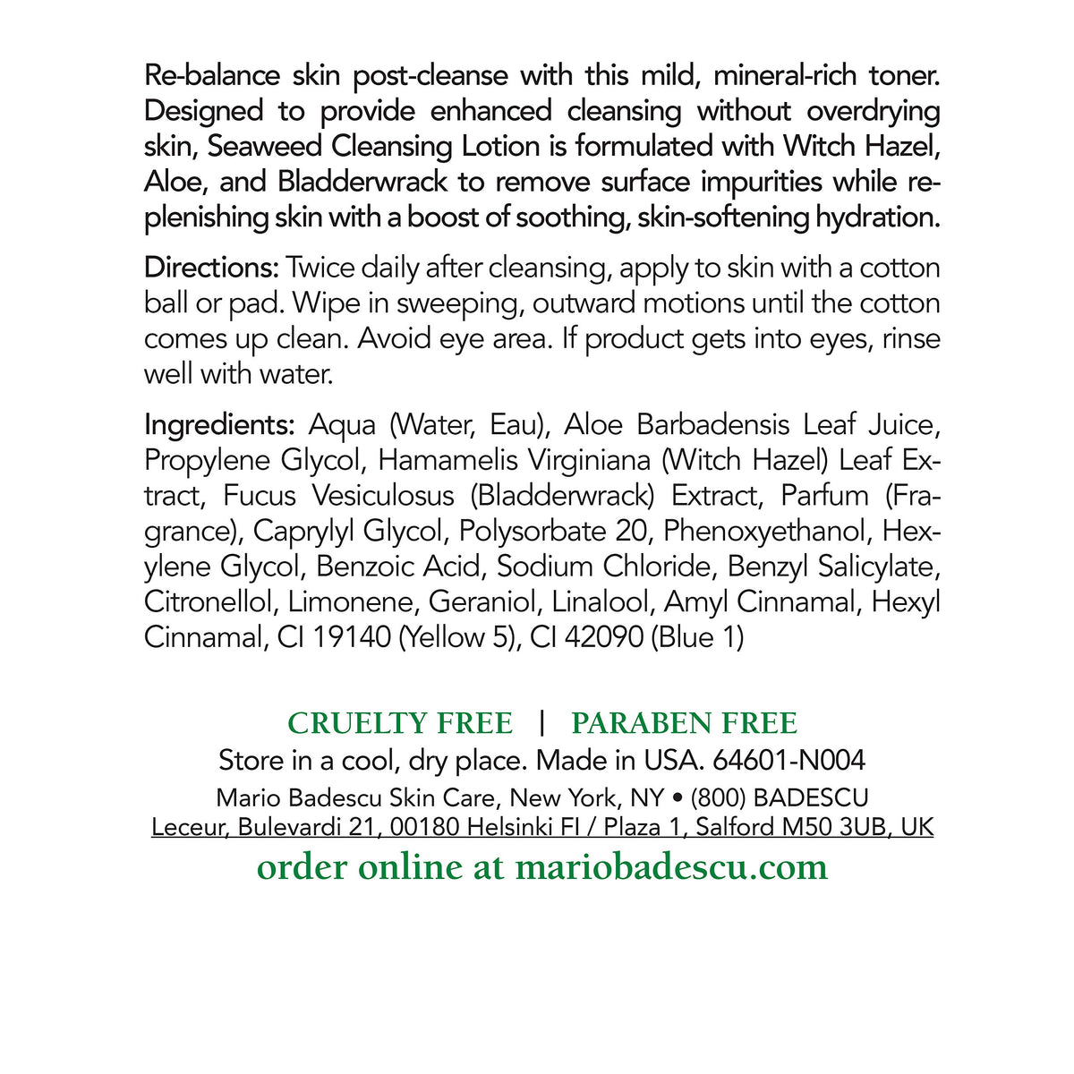 Mario Badescu label close-up highlighting ingredients and alcohol-free benefit