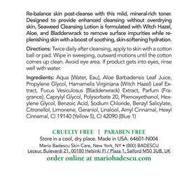 Mario Badescu label close-up highlighting ingredients and alcohol-free benefit