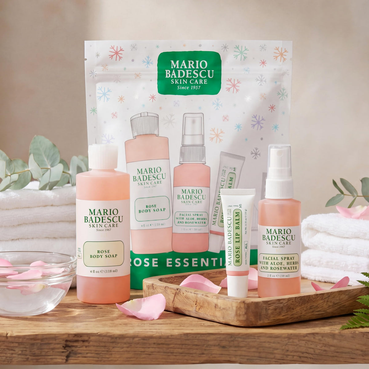 Mario Badescu three-piece set staged on bathroom shelf, ideal daily routine