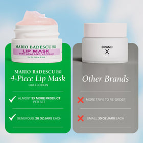 Mario Badescu lip masks next to a credit card showing compact travel size and portability